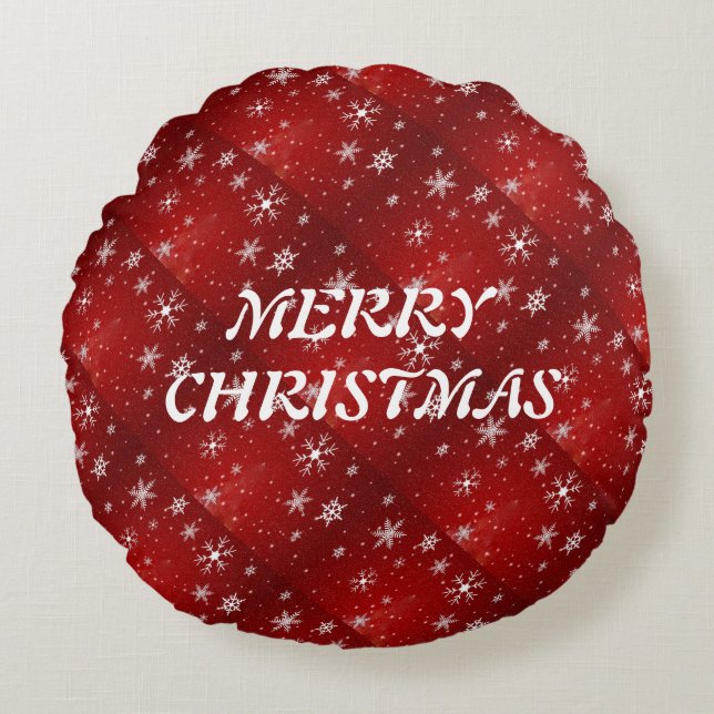 Weißer Schneeflocken Roter Hintergrund Rundkopfkis Rundes Kissen (Vorderseite)