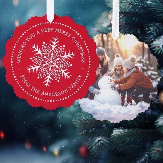 Weißer Schneeflockenpunkt rot Ornament Karte