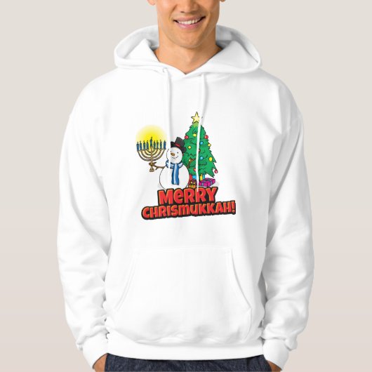 Weißer Schneemann mit Menorah Merry Chrismukkah Hoodie (Vorderseite)
