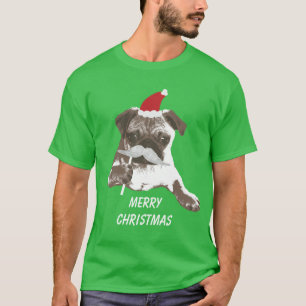 Weißer Schnurrbart-Sankt-Mops-frohe Weihnachten T-Shirt