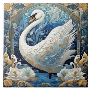 Weißer Schwan Art Nouveau Vogel Art Deco Blau Fliese