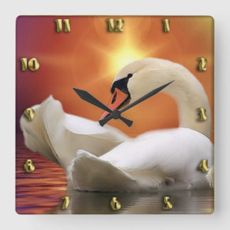 Weißer Schwan in einem See mit orangefarbenem gold Quadratische Wanduhr