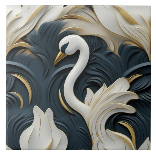 Weißer Schwan mit blauem Blattrelief-Effekt Fliese (Vorderseite)
