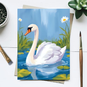 Weißer Schwan   Teich Aquarell Vogelmalerei Postkarte