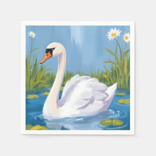 Weißer Schwan Teich Aquarell Vogelmalerei Serviette
