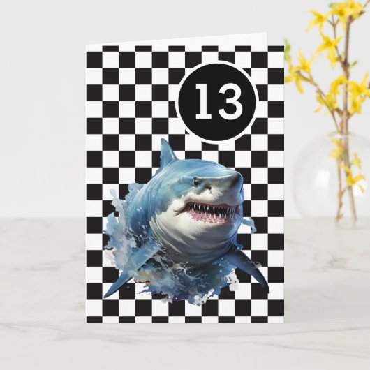 Weißer Schwarzer Schachhai 13. Geburtstag Karte (Gelbe Blume)