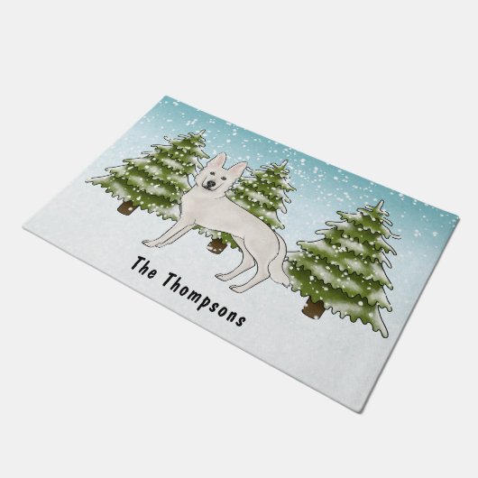 Weißer Schweizer Hirte Weißer GSD Dog Winterwald Fußmatte (Schrägansicht)