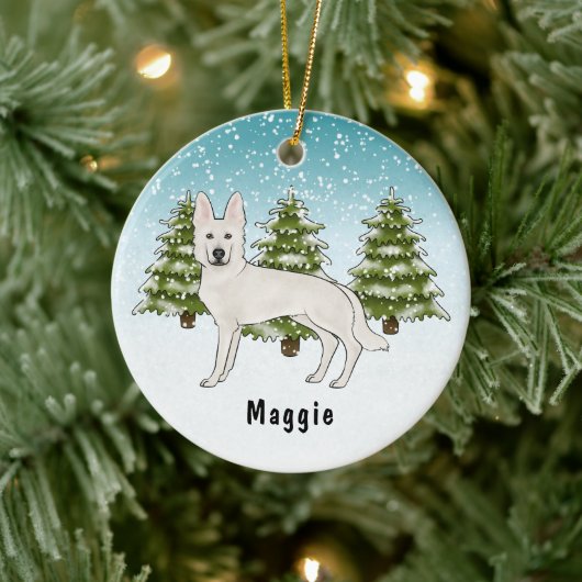 Weißer Schweizer Hirte Weißer GSD Dog Winterwald Keramik Ornament (Baum)
