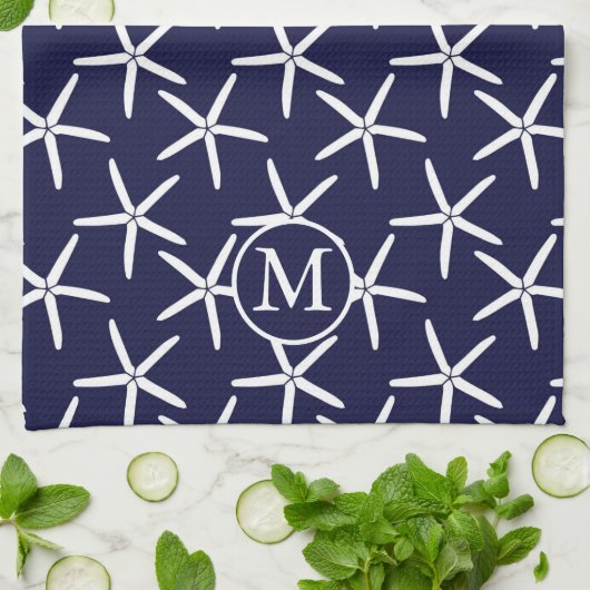 Weißer Seestern auf marinebasischem Hintergrund Geschirrtuch (Gefaltet)