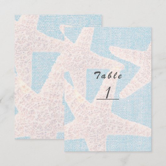 Weißer Seestern & Blaues Jute-Leinentisch Nummer Einladung (Vorne/Hinten)