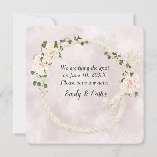 Weißer Seil mit Hydrangea-Bouquets Save The Date (Vorderseite)
