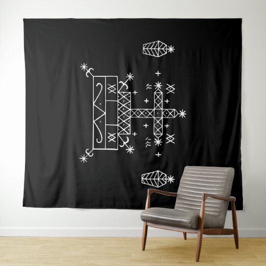 Weißer Sieb von Baron Samedi auf schwarz Wandteppich (Beispiel (Horizontal))