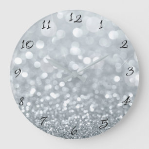 Weißer Silber Glitter Bokeh Glamouröser Trend Funk Große Wanduhr