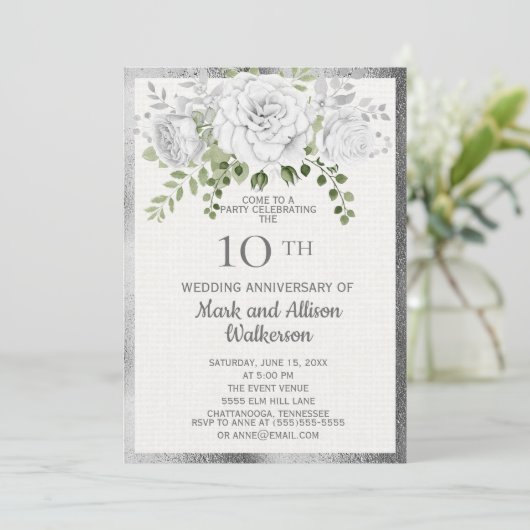 Weißer Silberblume 10. Hochzeitstag Einladung (Stehend Vorderseite)