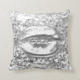 Weißer Silbergrauer Glitzer Kiss Lips Funkelnd Kissen