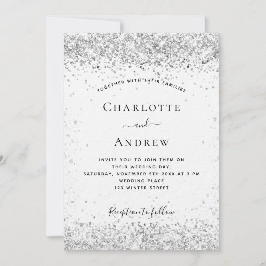 Weißer silberner Glitzer Einladung (Vorderseite)