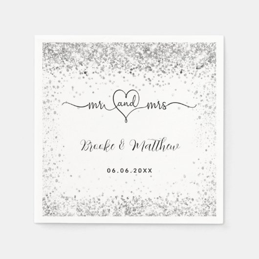 Weißer silberner Glitzer elegant mr mrs Herz Hochz Serviette (Vorderseite)