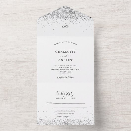 Weißer Silberner Glitzer Glitzern All In One Einladung (Innen Boden)