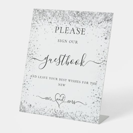 Weißer Silberner Glitzer signiert unser HochzeitsG Sockelschild (Vorderseite)