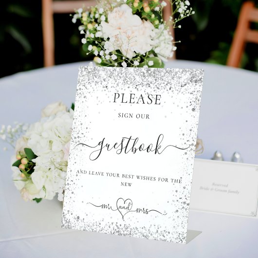 Weißer Silberner Glitzer signiert unser HochzeitsG Sockelschild