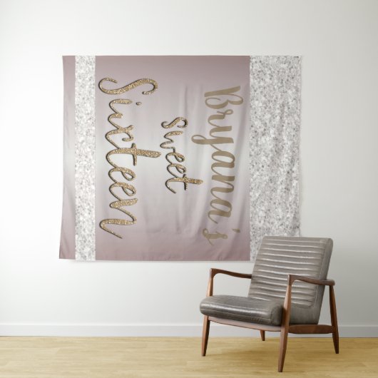 Weißer Sparkle Glitzer Rosa Schwarz Sweet 16 Hinte Wandteppich (Beispiel (Horizontal))