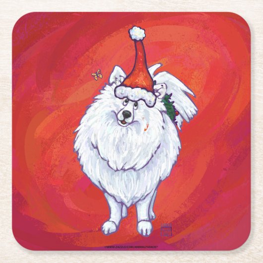 Weißer Spitz in Weihnachtsmannmütze auf Rot Rechteckiger Pappuntersetzer (Vorderseite)