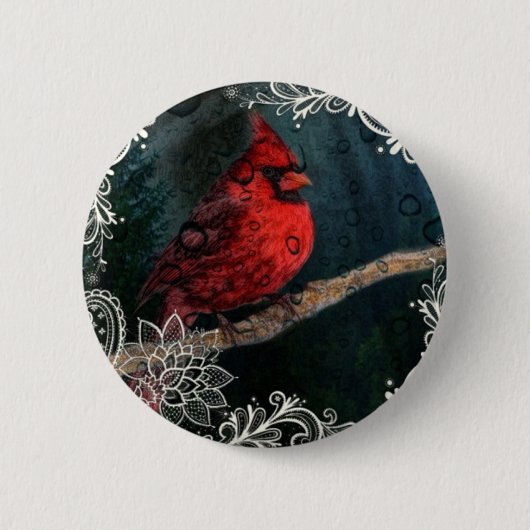 Weißer Spitz Primitive Weihnachts Roter Kardinal Button (Vorderseite)