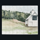 Weißer Stall Puzzle<br><div class="desc">Aquarellmauer III von Jennifer Paxton Parker. Eine weiße Scheune in einem Baumfeld,  die von der Seite weg ist.</div>