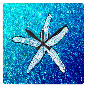 Weißer Starfish Glitterie Funkelnd Aquamarines Bl Quadratische Wanduhr