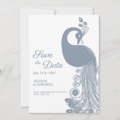 Weißer staubblauer Pfau Save the Date elegant Einladung (Vorderseite)