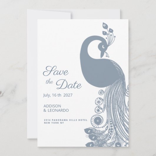 Weißer staubblauer Pfau Save the Date elegant Einladung (Vorderseite)