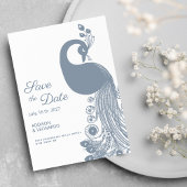 Weißer staubblauer Pfau Save the Date elegant Einladung