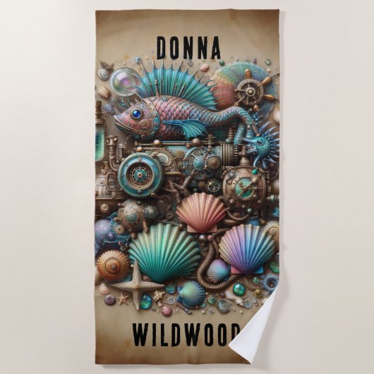 WEISSER STEAMPUNK FISH & MUSCHELN, PERSONALISIERT STRANDTUCH (Vorderseite)