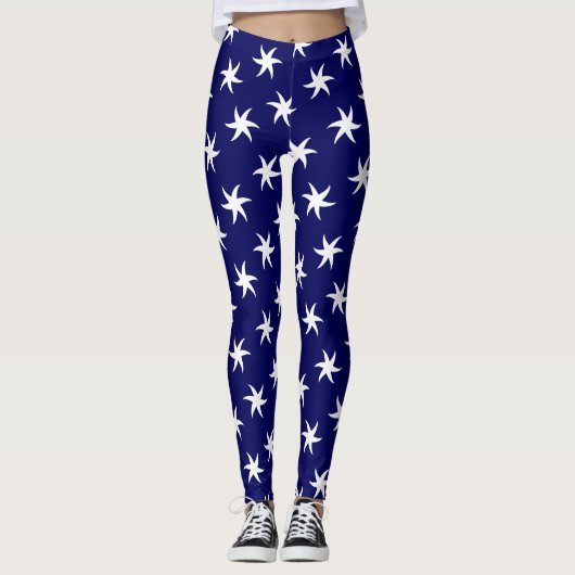 Weißer Sternfisch auf Navy Blue Leggings (Vorderseite)