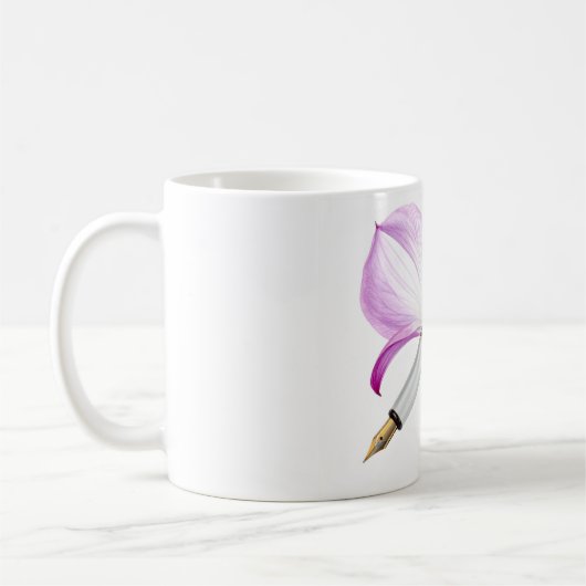 weißer Stift mit rosa Band Kaffeetasse (Links)