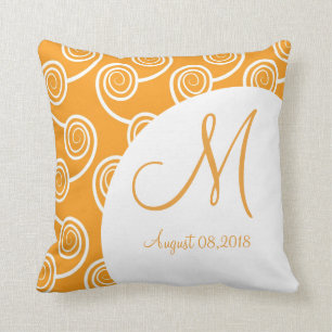 Weißer Swirl Orange Monogramm-Eiche Kissen