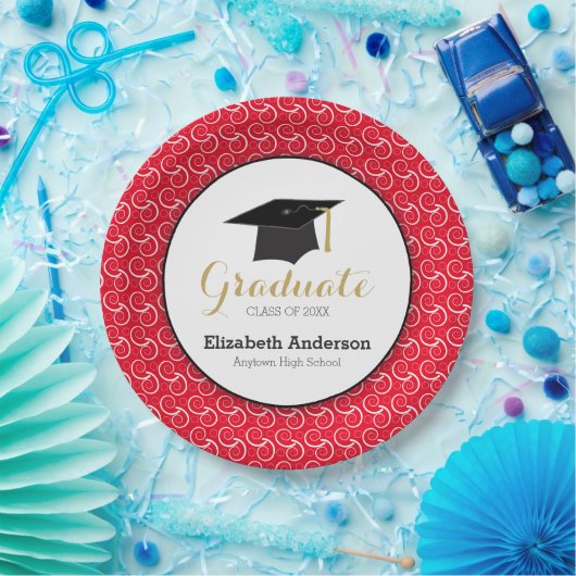 Weißer Swirt auf rotem, Personalisiertem Abschluss Pappteller (Party)