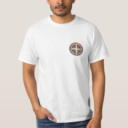 Weißer T - Shirt mit der Medaille von St. Benedict (Vorderseite)