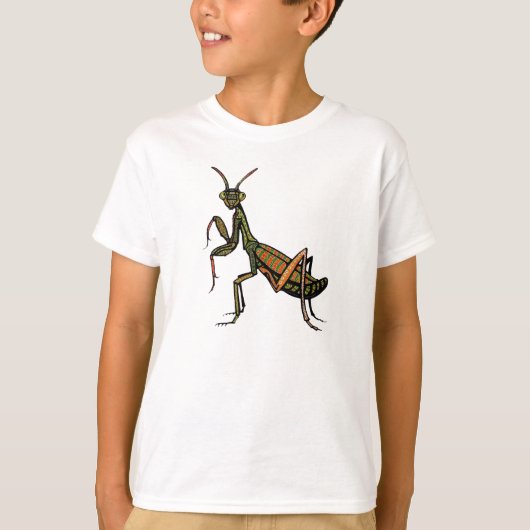 Weißer T - Shirt mit Entwurf des betenden Mantis (Vorderseite)