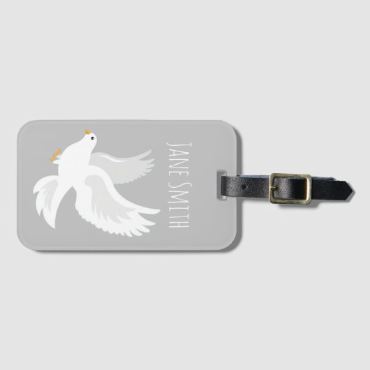 Weißer Taubenvogel auf grau Gepäckanhänger (Vorderseite (Horizontal))