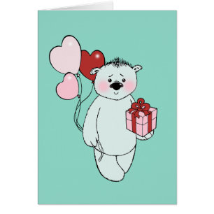 Weißer Teddybär mit einem Geschenk und Luftballons