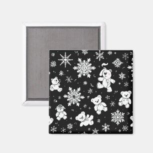 Weißer Teddybär & Schneeflocken Nahtloses Muster Magnet
