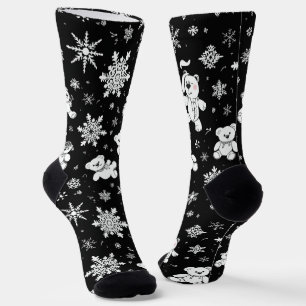 Weißer Teddybär & Schneeflocken Nahtloses Muster Socken