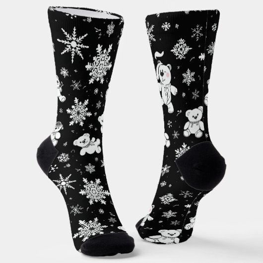 Weißer Teddybär & Schneeflocken Nahtloses Muster Socken (Gewinkelt)