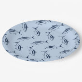 Weißer Thunfisch Meeresblau auf Pastellblau Pappteller (Schrägansicht)
