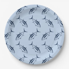 Weißer Thunfisch Meeresblau auf Pastellblau Pappteller