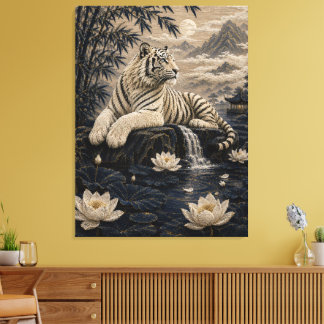 Weißer Tiger an einem Lotus-Teich – Bambus-Berglan Leinwanddruck