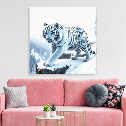 Weißer Tiger auf schneebedeckten Klippen gesteppte Leinwanddruck (Insitu (Wohnzimmer))