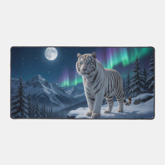 Weißer Tiger bei Nacht Vollmond, Nordlichter Schreibtischunterlage