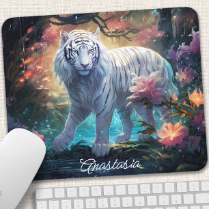 Weißer Tiger Fantasy Blumen Namensdesign Mousepad